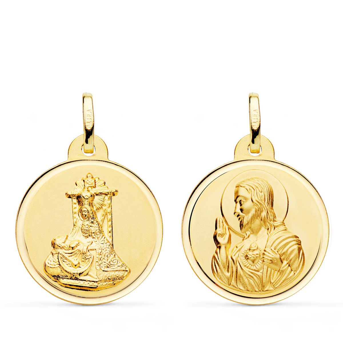 Médaille du Scapulaire en Or Jaune 9K Vierge de Langoisse et du Coeur de Jésus Lunette 22 mm
