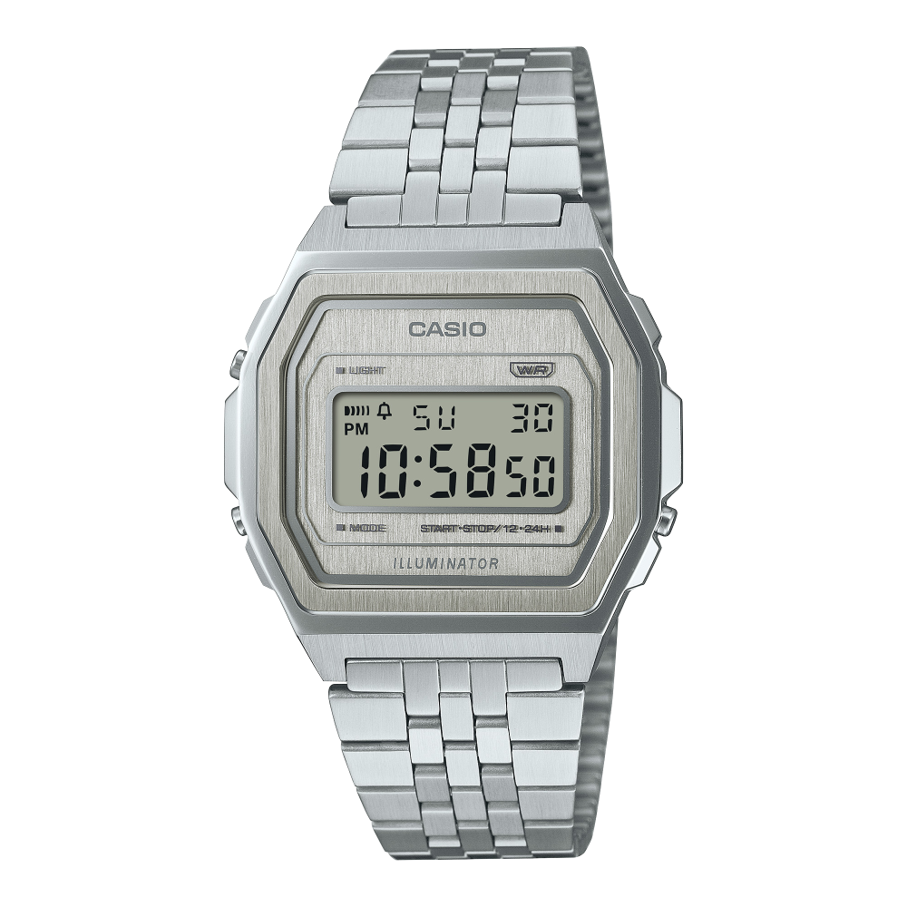 Collection Vintage - A1000A-7EF - Montre Casio – boîtier en acier inoxydable argenté à finition striée, bracelet acier multi-rangs, affichage numérique – vue de face