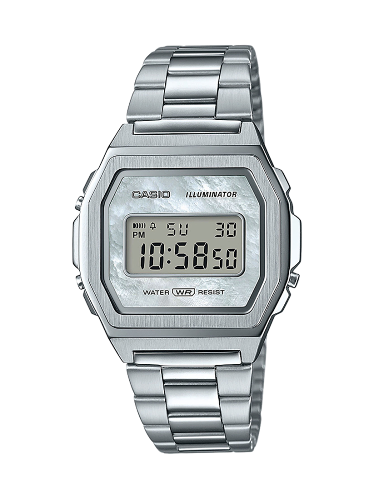 Collection Vintage - A1000D-7EF - Montre Casio – boîtier en acier inoxydable argenté, cadran en nacre, écran numérique, bracelet en acier – vue de face