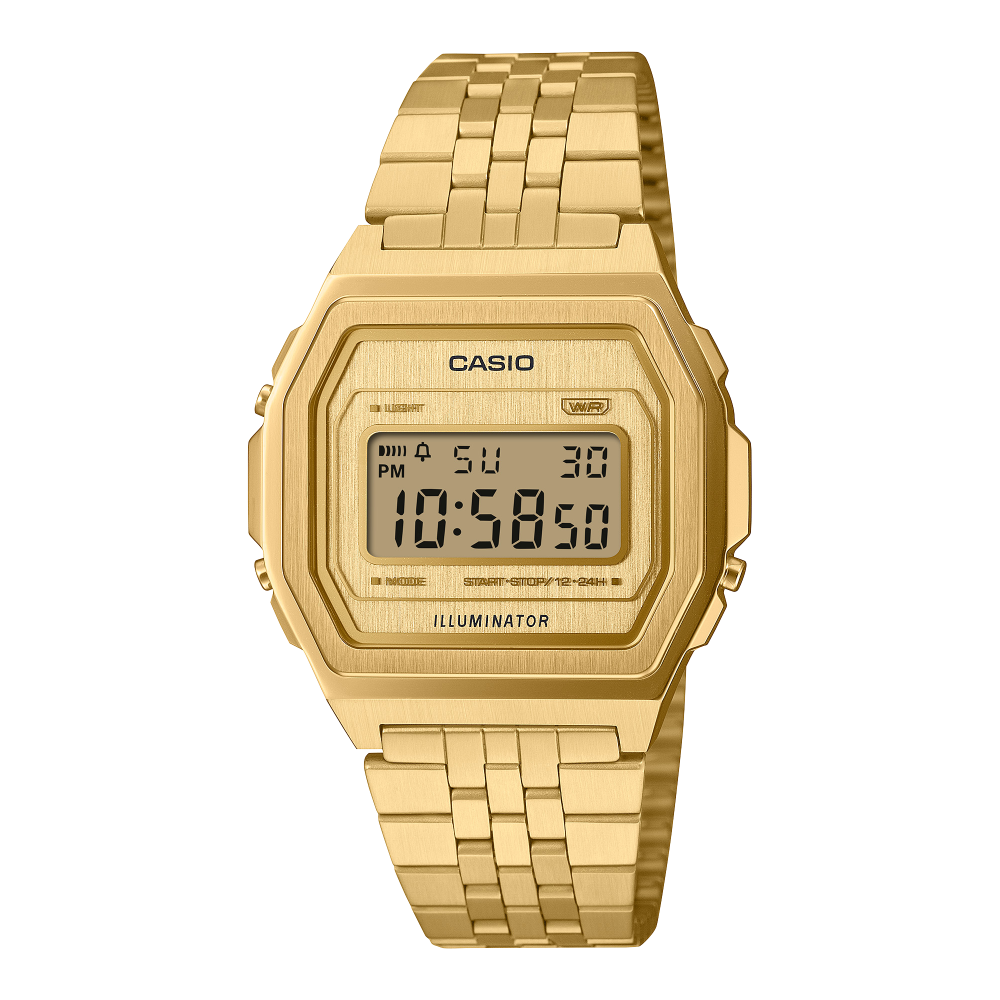 Collection Vintage - A1000G-9EF - Montre Casio – boîtier en acier doré à finition striée, écran numérique, bracelet multi-rangs en acier doré – vue de face