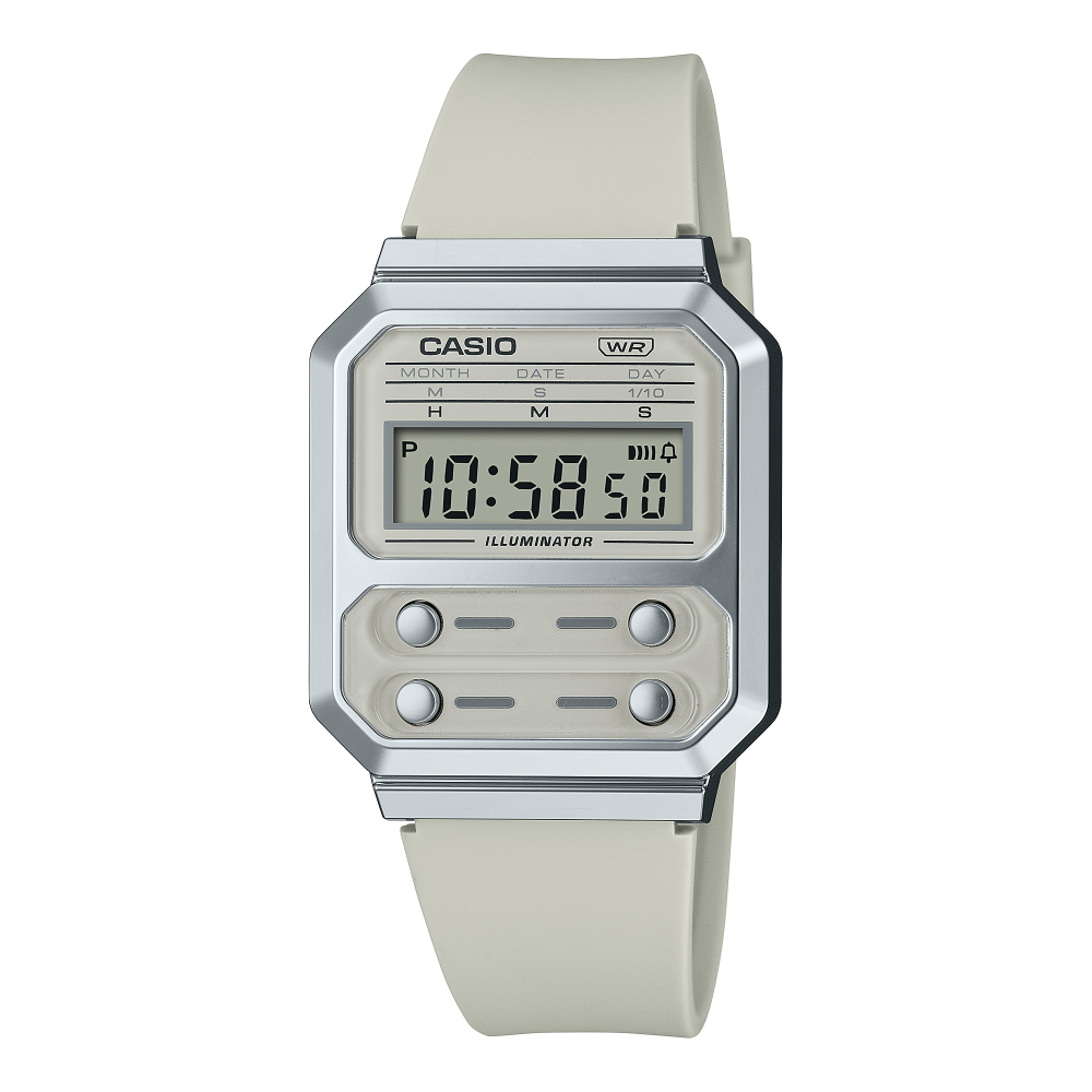 Collection Vintage - A100WEF-8AEF - Montre Casio – boîtier gris en résine avec éléments chromés, écran numérique, bracelet en résine grise – vue de face