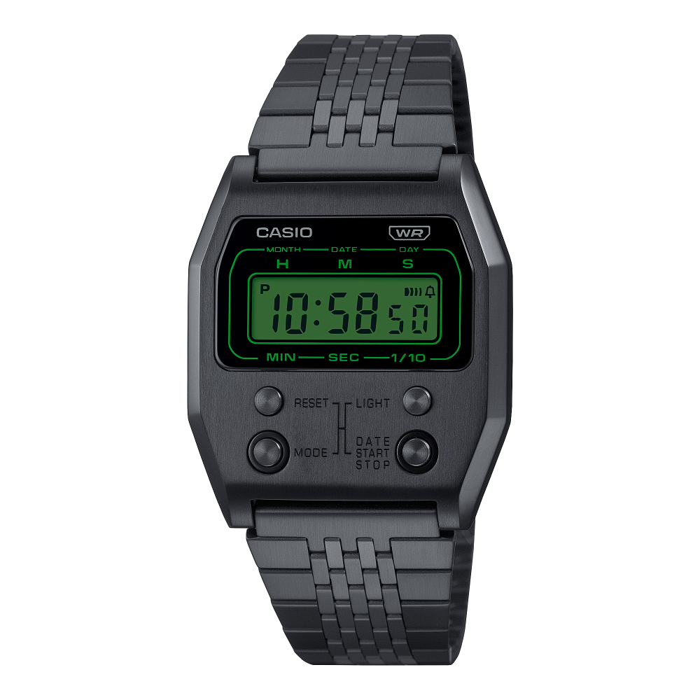 Collection Vintage - A1100B-1EF - Montre Casio – boîtier en acier noir poli, boutons métal en façade, écran numérique, bracelet en acier noir – vue de face