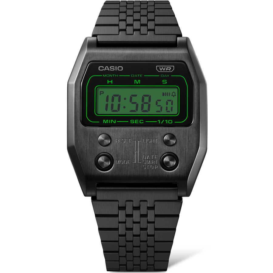 Collection Vintage - A1100B-1EF - Montre Casio – boîtier en acier noir poli, boutons métal en façade, écran numérique, bracelet en acier noir – vue 3