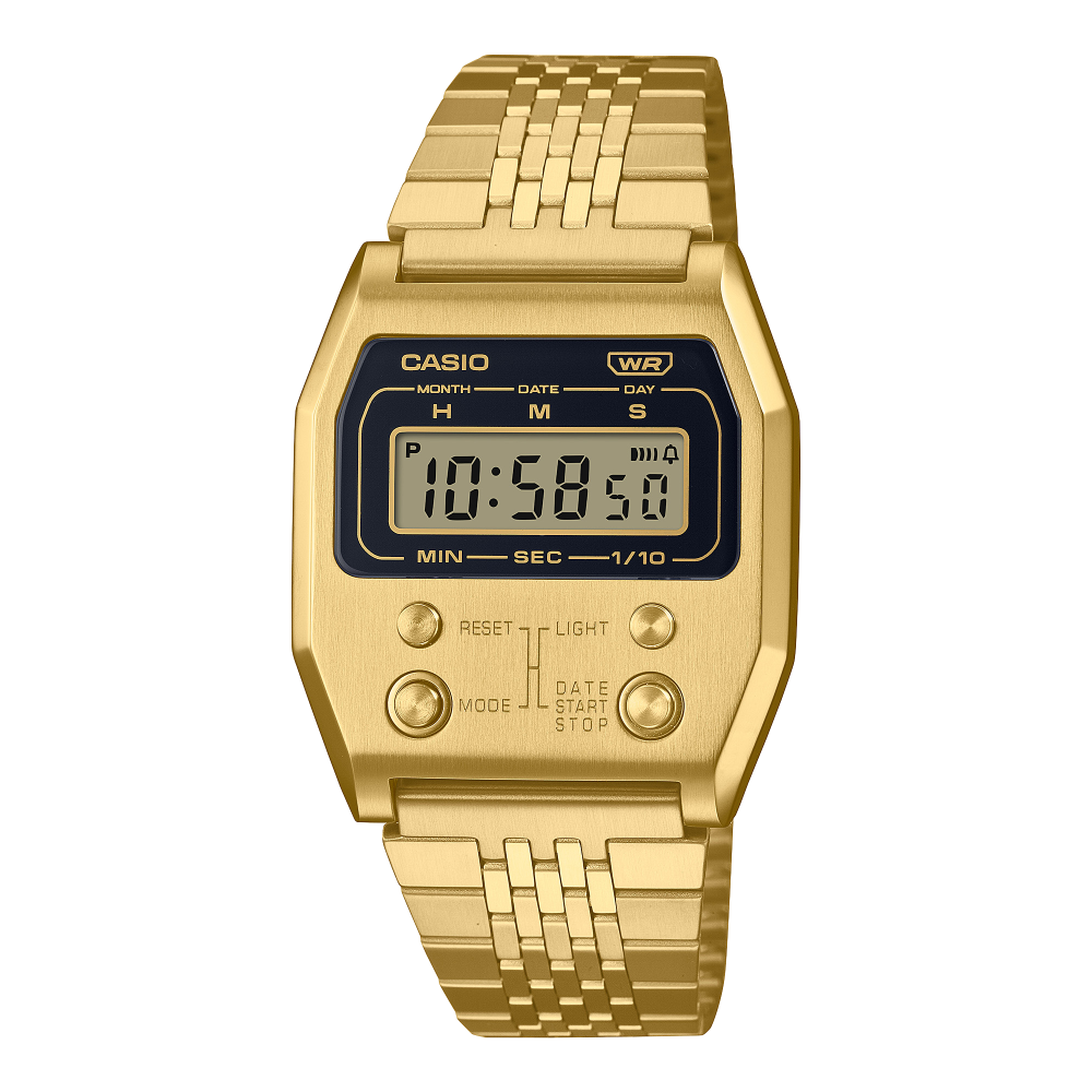Collection Vintage - A1100G-5EF - Montre Casio – boîtier en acier doré poli, cadran marron, écran numérique, bracelet en acier doré – vue de face