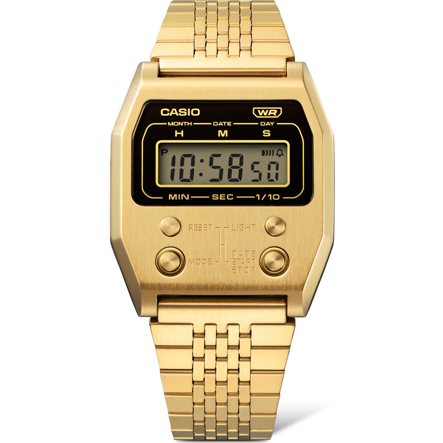 Collection Vintage - A1100G-5EF - Montre Casio – boîtier en acier doré poli, cadran marron, écran numérique, bracelet en acier doré – vue 3