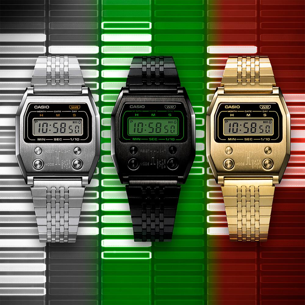 Collection Vintage - A1100B-1EF - Montre Casio – boîtier en acier noir poli, boutons métal en façade, écran numérique, bracelet en acier noir – vue 4