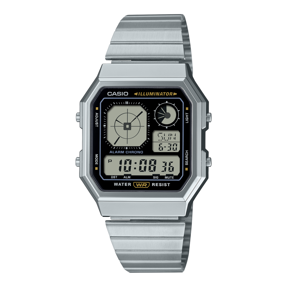 Collection Vintage - A130WE-1AEF - Montre Casio – boîtier argenté en résine chromée, cadran noir rétro-futuriste, écran numérique, bracelet en acier inoxydable – vue de face