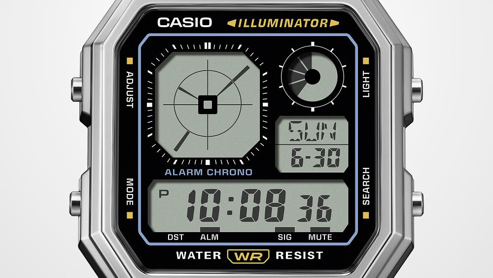 Collection Vintage - A130WE-1AEF - Montre Casio – boîtier argenté en résine chromée, cadran noir rétro-futuriste, écran numérique, bracelet en acier inoxydable – vue 5