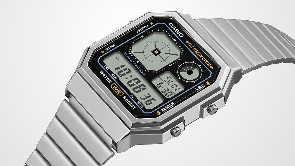 Collection Vintage - A130WE-1AEF - Montre Casio – boîtier argenté en résine chromée, cadran noir rétro-futuriste, écran numérique, bracelet en acier inoxydable – vue 6