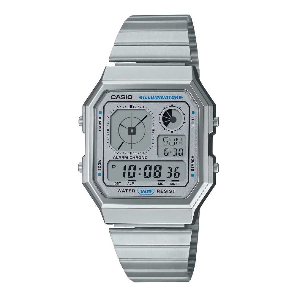 Collection Vintage - A130WE-7AEF - Montre Casio – boîtier argenté chromé, cadran rétro-futuriste à touches colorées, bracelet en acier inoxydable – vue de face