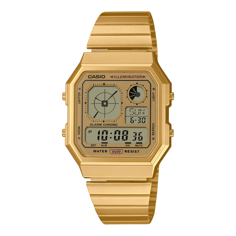 Collection Vintage - A130WEG-9AEF - Montre Casio – boîtier doré, cadran rétro-futuriste à touches colorées, bracelet en acier à placage ionique doré – vue de face