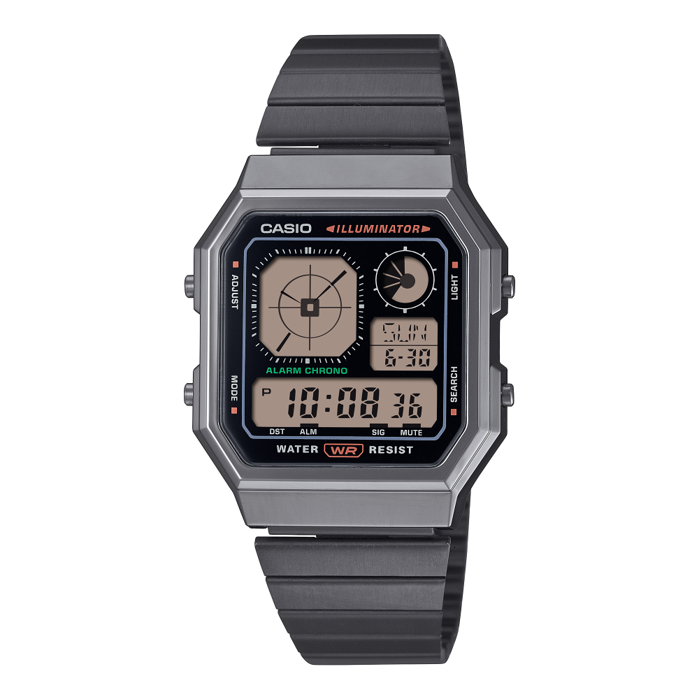 Collection Vintage - A130WEGG-1AEF - Montre Casio – boîtier noir, cadran rétro-futuriste à touches colorées, bracelet en acier à placage ionique noir – vue de face