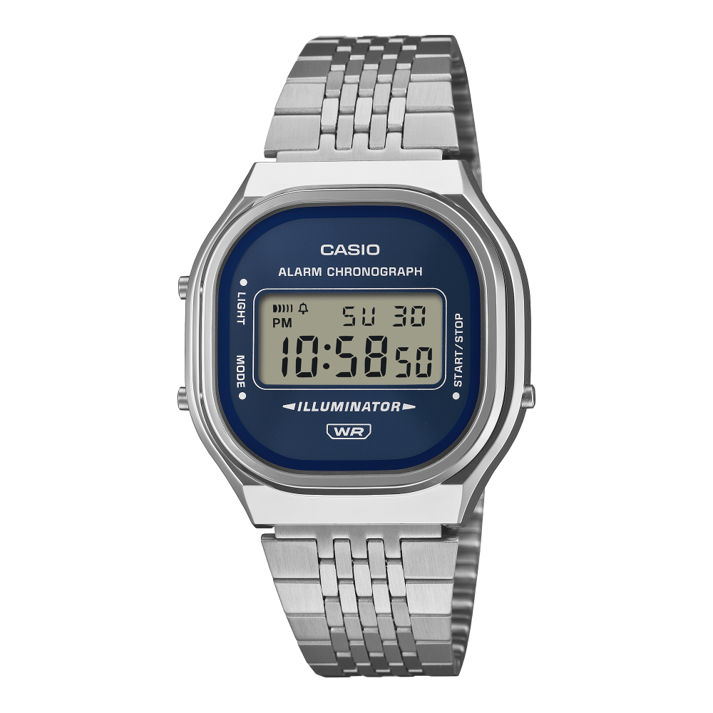 Collection Vintage - A140WE-2AEF - Montre Casio – boîtier argenté aux courbes douces, cadran bleu soleillé, écran numérique, bracelet multi-rangs en acier – vue de face