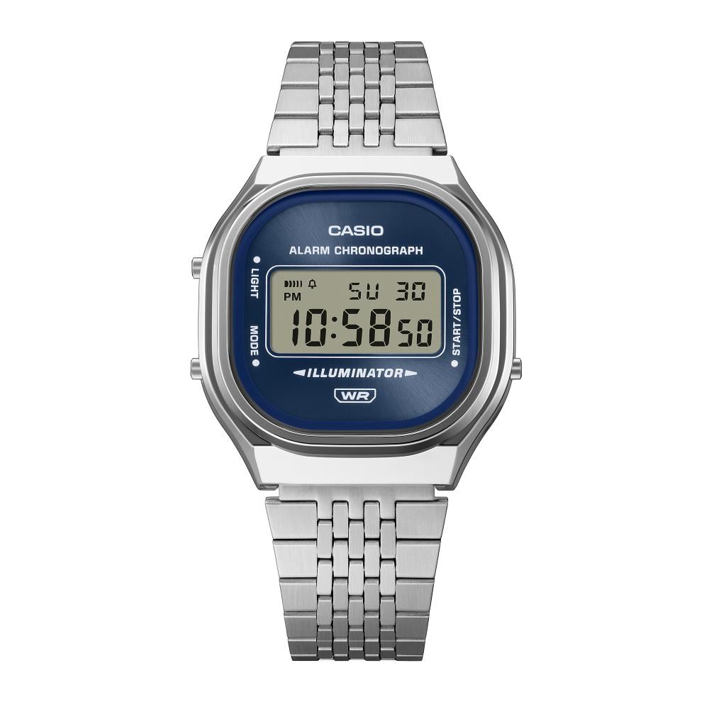 Collection Vintage - A140WE-2AEF - Montre Casio – boîtier argenté aux courbes douces, cadran bleu soleillé, écran numérique, bracelet multi-rangs en acier – vue 4