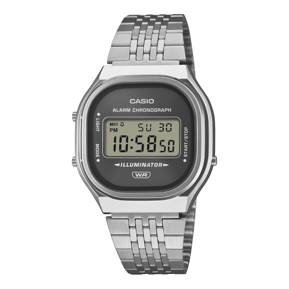 Collection Vintage - A140WE-8AEF - Montre Casio – boîtier argenté aux courbes douces, cadran gris soleillé, écran numérique, bracelet multi-rangs en acier – vue de face