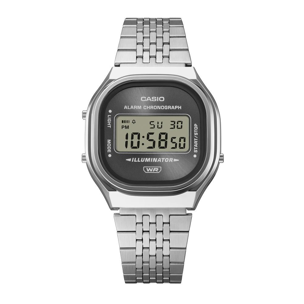 Collection Vintage - A140WE-8AEF - Montre Casio – boîtier argenté aux courbes douces, cadran gris soleillé, écran numérique, bracelet multi-rangs en acier – vue 4
