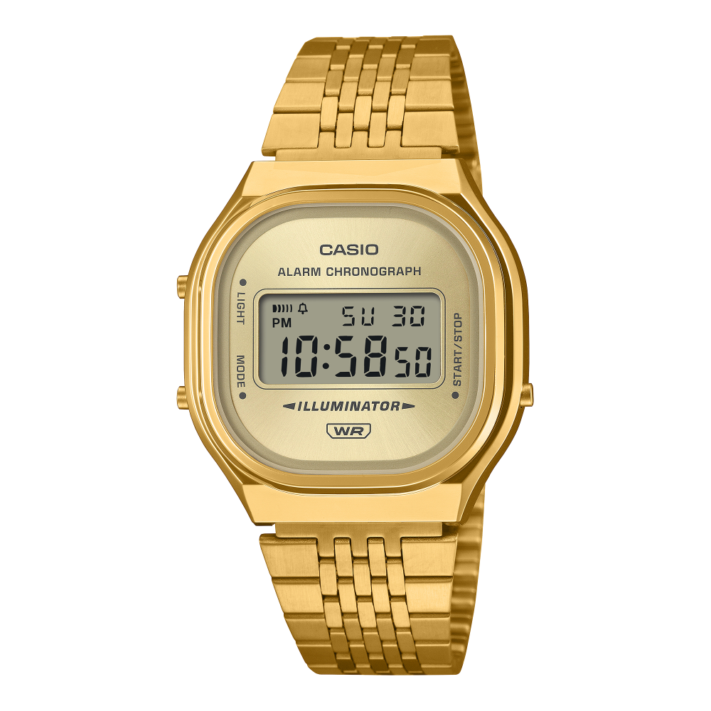 Collection Vintage - A140WEG-9AEF - Montre Casio – boîtier doré aux courbes douces, écran numérique, bracelet multi-rangs en acier doré – vue de face