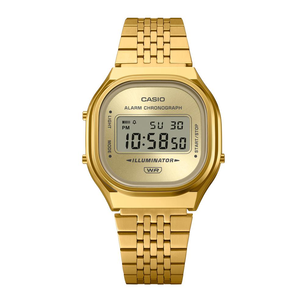 Collection Vintage - A140WEG-9AEF - Montre Casio – boîtier doré aux courbes douces, écran numérique, bracelet multi-rangs en acier doré – vue 6