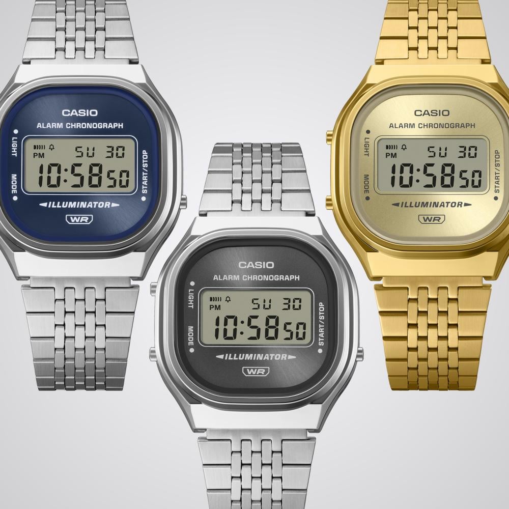 Collection Vintage - A140WEG-9AEF - Montre Casio – boîtier doré aux courbes douces, écran numérique, bracelet multi-rangs en acier doré – vue 5