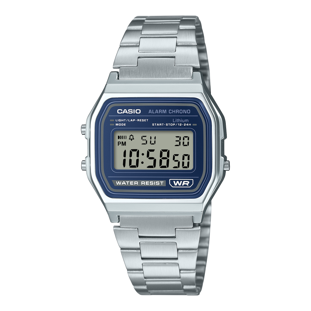 Collection Vintage - A158WEA-2EF - Montre Casio – boîtier en résine, cadran bleu, écran numérique, bracelet en acier inoxydable argenté – vue de face