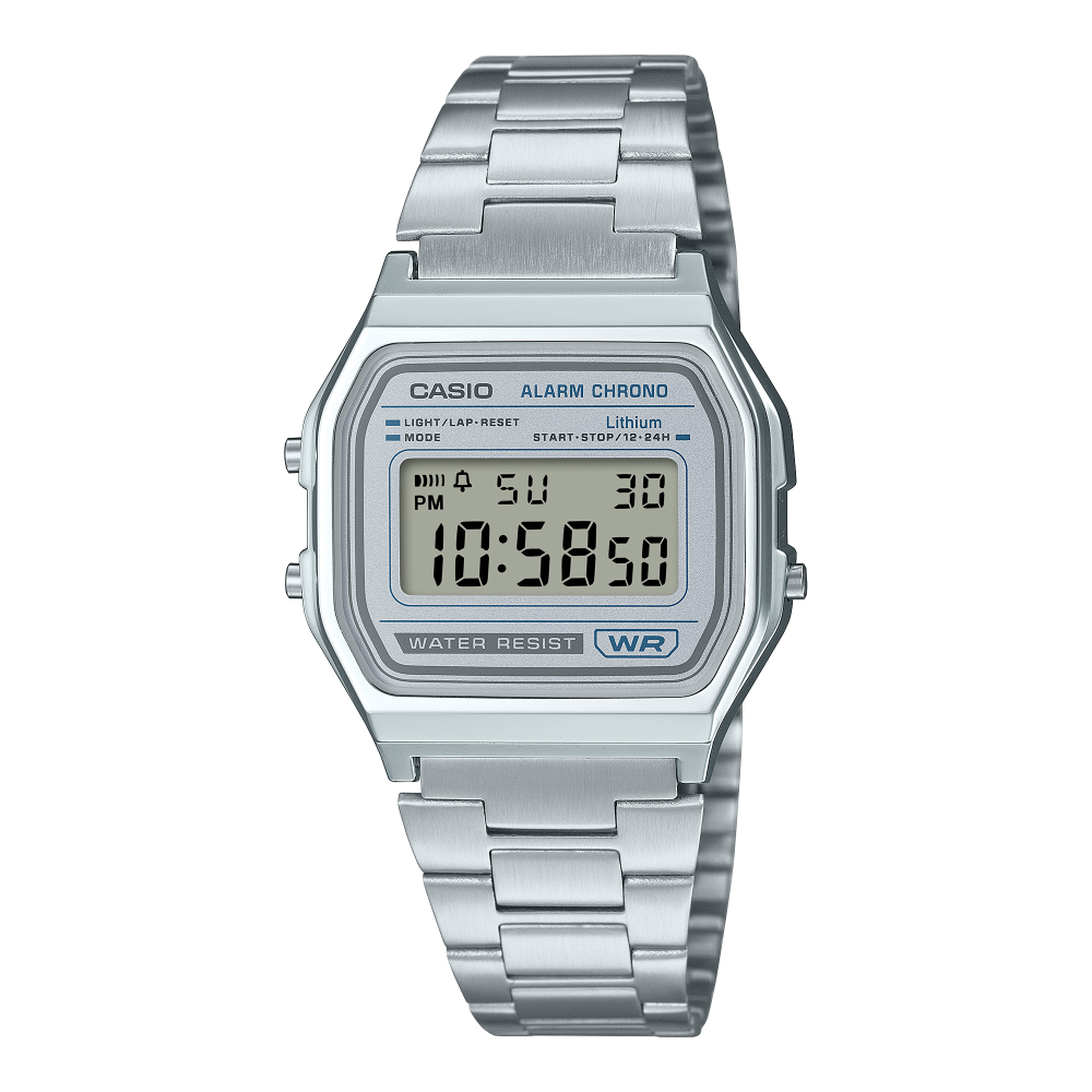 Collection Vintage - A158WEA-7EF - Montre Casio – boîtier argenté, écran numérique avec touches de bleu, bracelet en acier inoxydable – vue de face