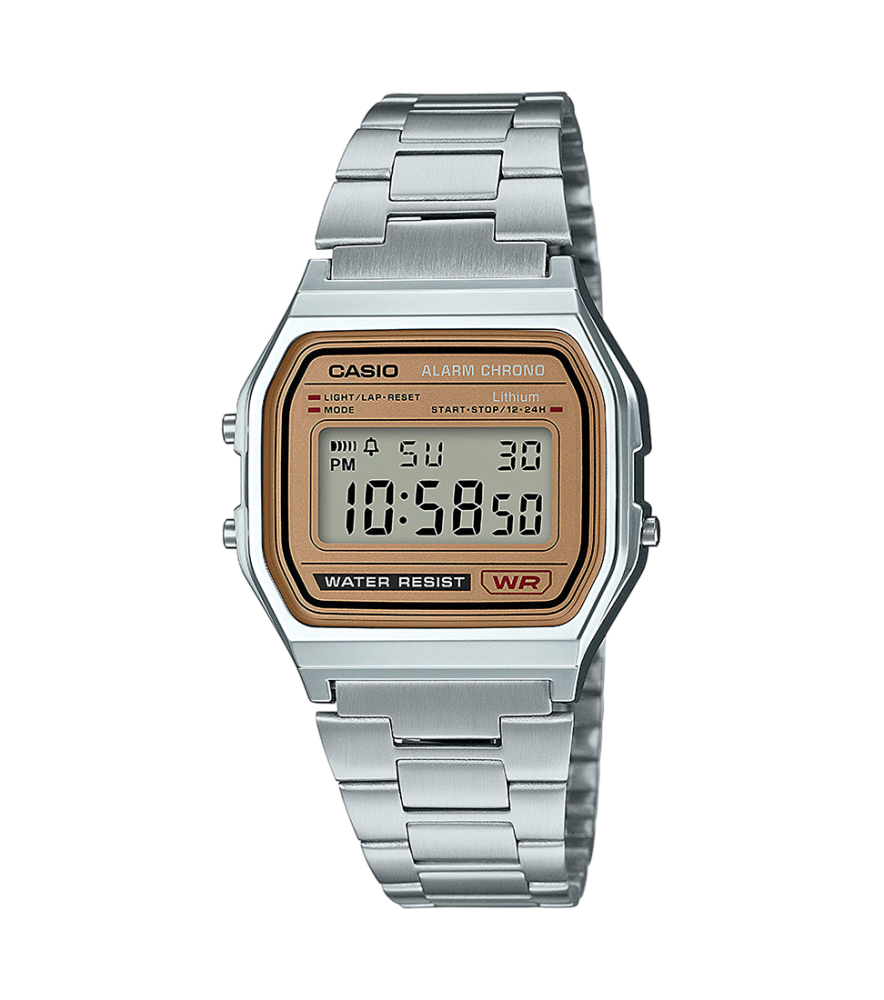 Collection Vintage - A158WEA-9EF - Montre Casio – boîtier en résine, cadran doré, écran numérique, bracelet en acier inoxydable argenté – vue de face