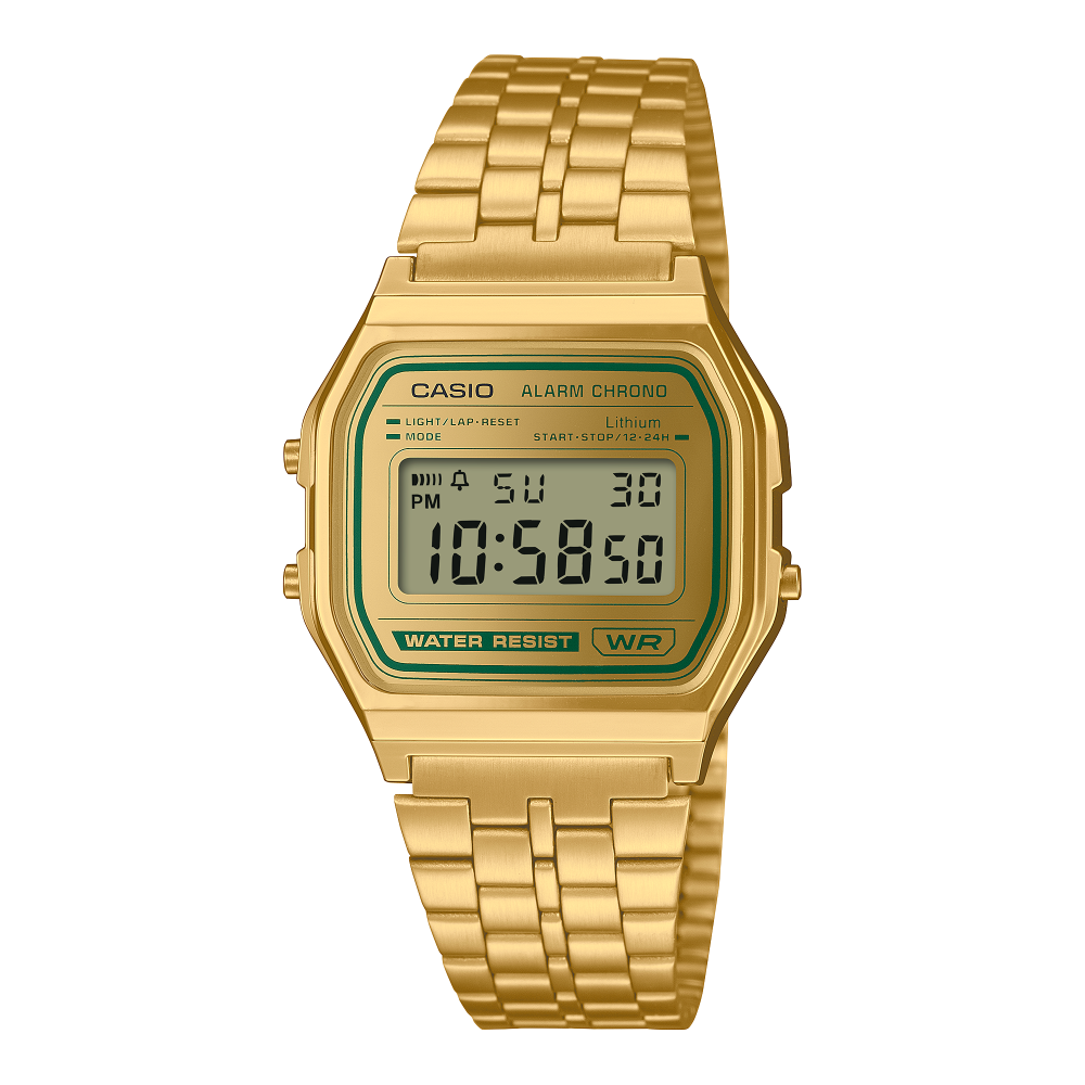 Collection Vintage - A158WEGV-9AEF - Montre Casio – boîtier doré, cadran à touches vertes, écran numérique, bracelet multi-rangs en acier doré – vue de face