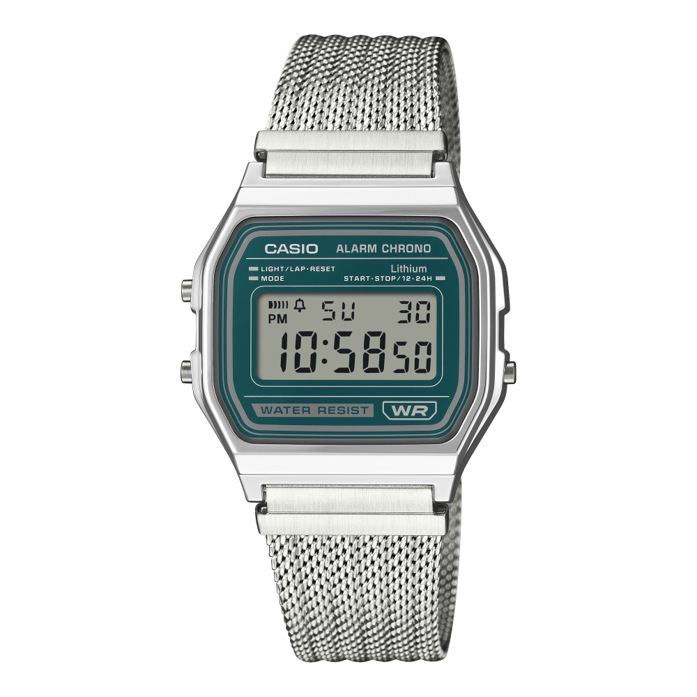 Collection Vintage - A158WEM-3EF - Montre Casio – boîtier argenté, cadran vert foncé, écran numérique, bracelet maille en acier inoxydable argenté – vue de face