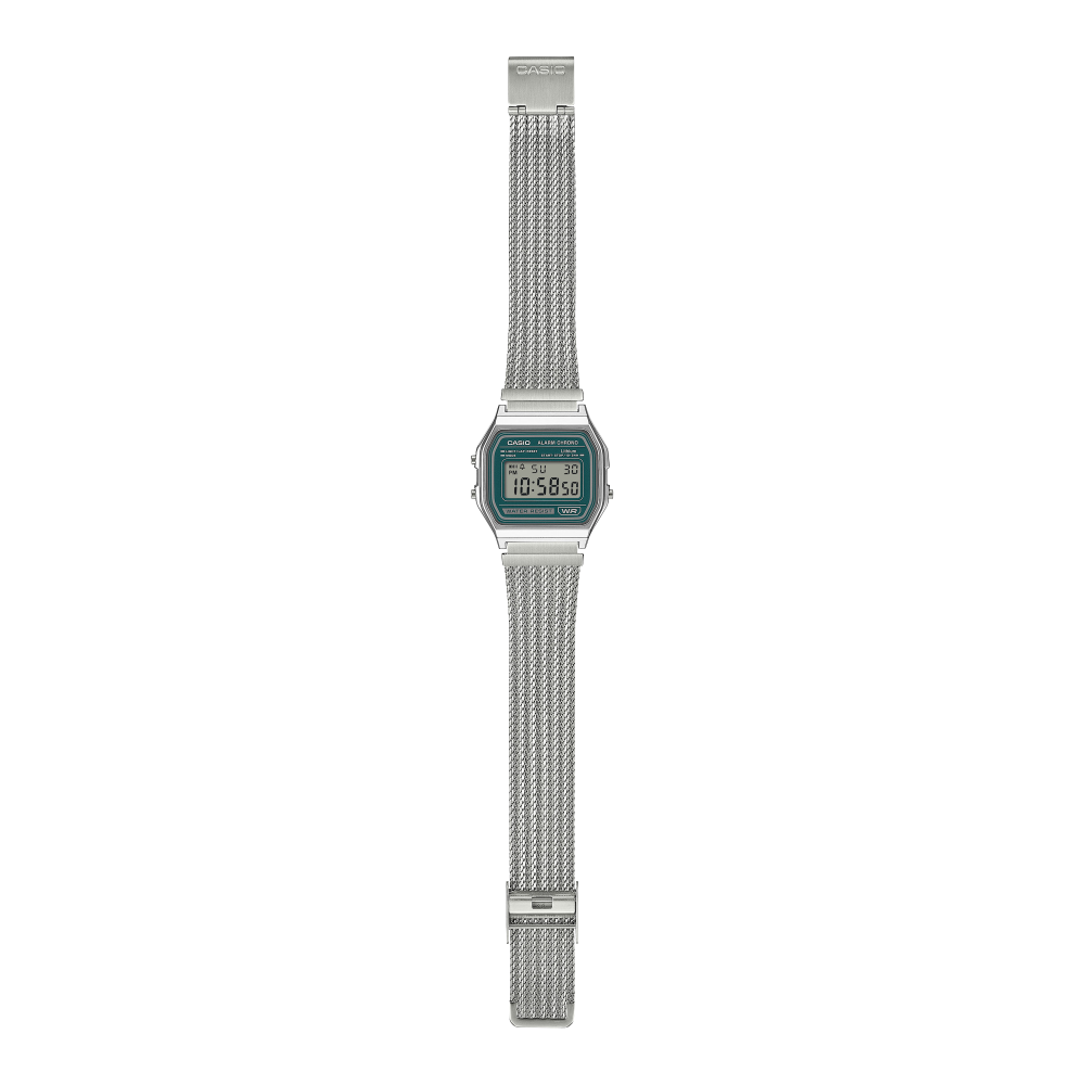 Collection Vintage - A158WEM-3EF - Montre Casio – boîtier argenté, cadran vert foncé, écran numérique, bracelet maille en acier inoxydable argenté – vue 6