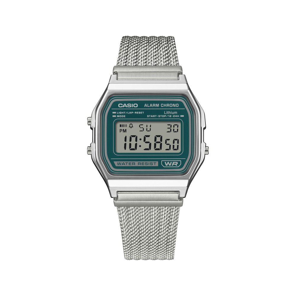 Collection Vintage - A158WEM-3EF - Montre Casio – boîtier argenté, cadran vert foncé, écran numérique, bracelet maille en acier inoxydable argenté – vue 5