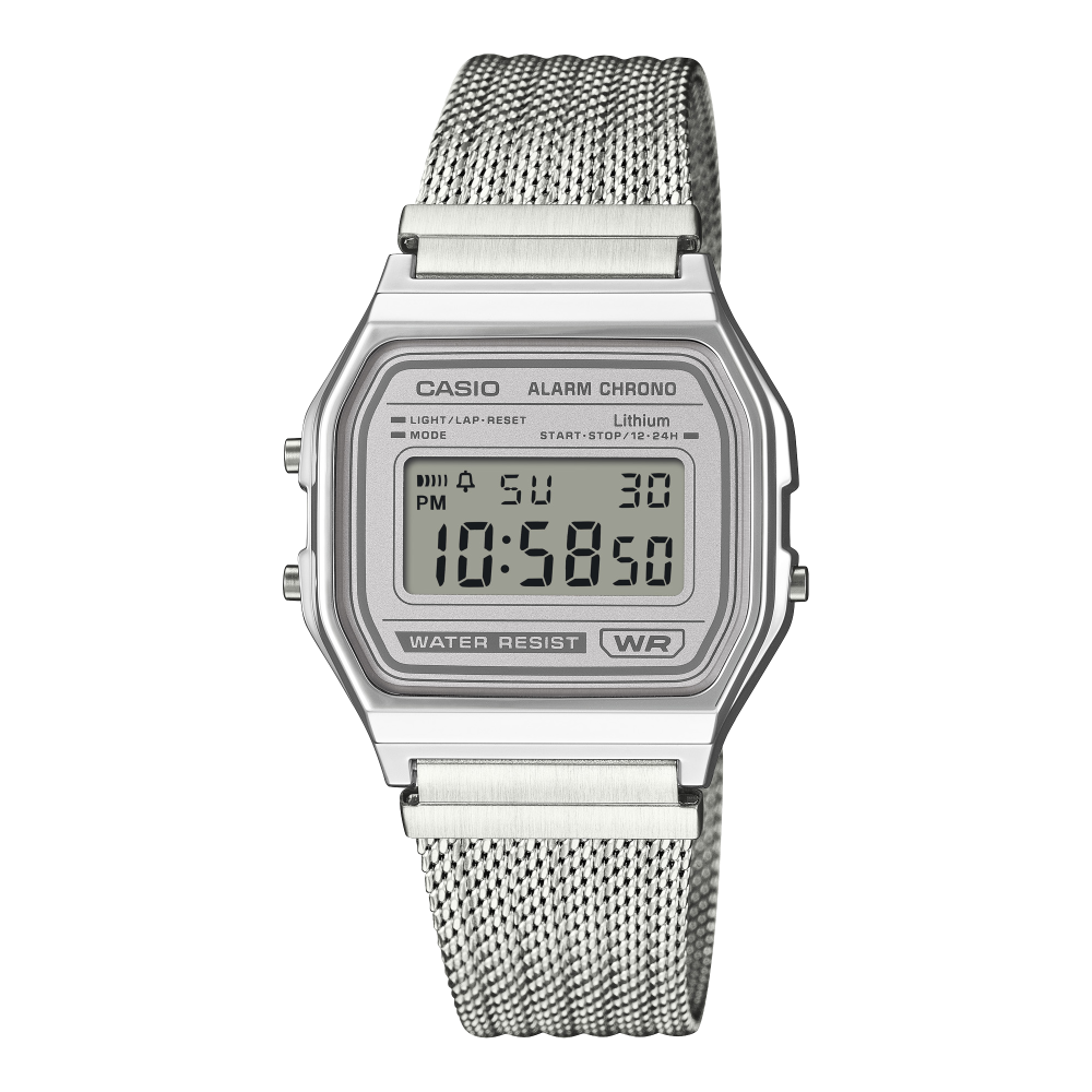 Collection Vintage - A158WEM-7EF - Montre Casio – boîtier argenté, cadran gris clair, écran numérique, bracelet maille en acier inoxydable argenté – vue de face