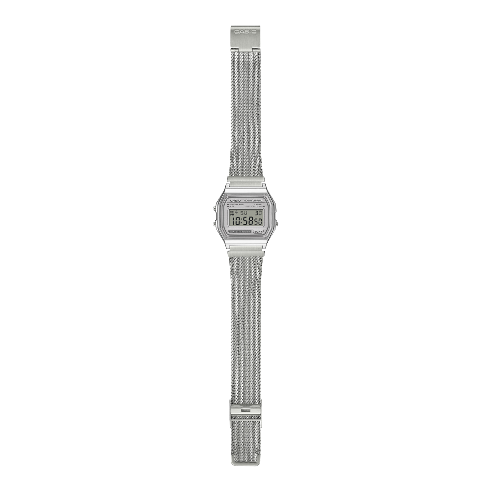 Collection Vintage - A158WEM-7EF - Montre Casio – boîtier argenté, cadran gris clair, écran numérique, bracelet maille en acier inoxydable argenté – vue 6