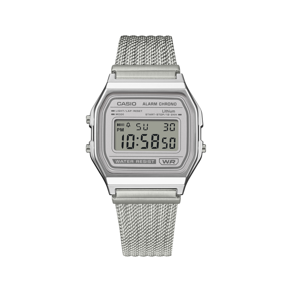 Collection Vintage - A158WEM-7EF - Montre Casio – boîtier argenté, cadran gris clair, écran numérique, bracelet maille en acier inoxydable argenté – vue 5