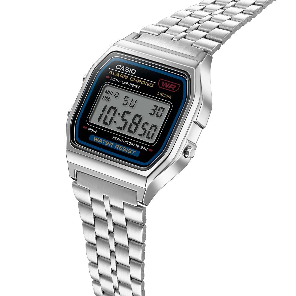 Collection Vintage - A159WE-1EF - Montre Casio – boîtier carré argenté, cadran noir, écran numérique, bracelet en acier inoxydable – vue 4