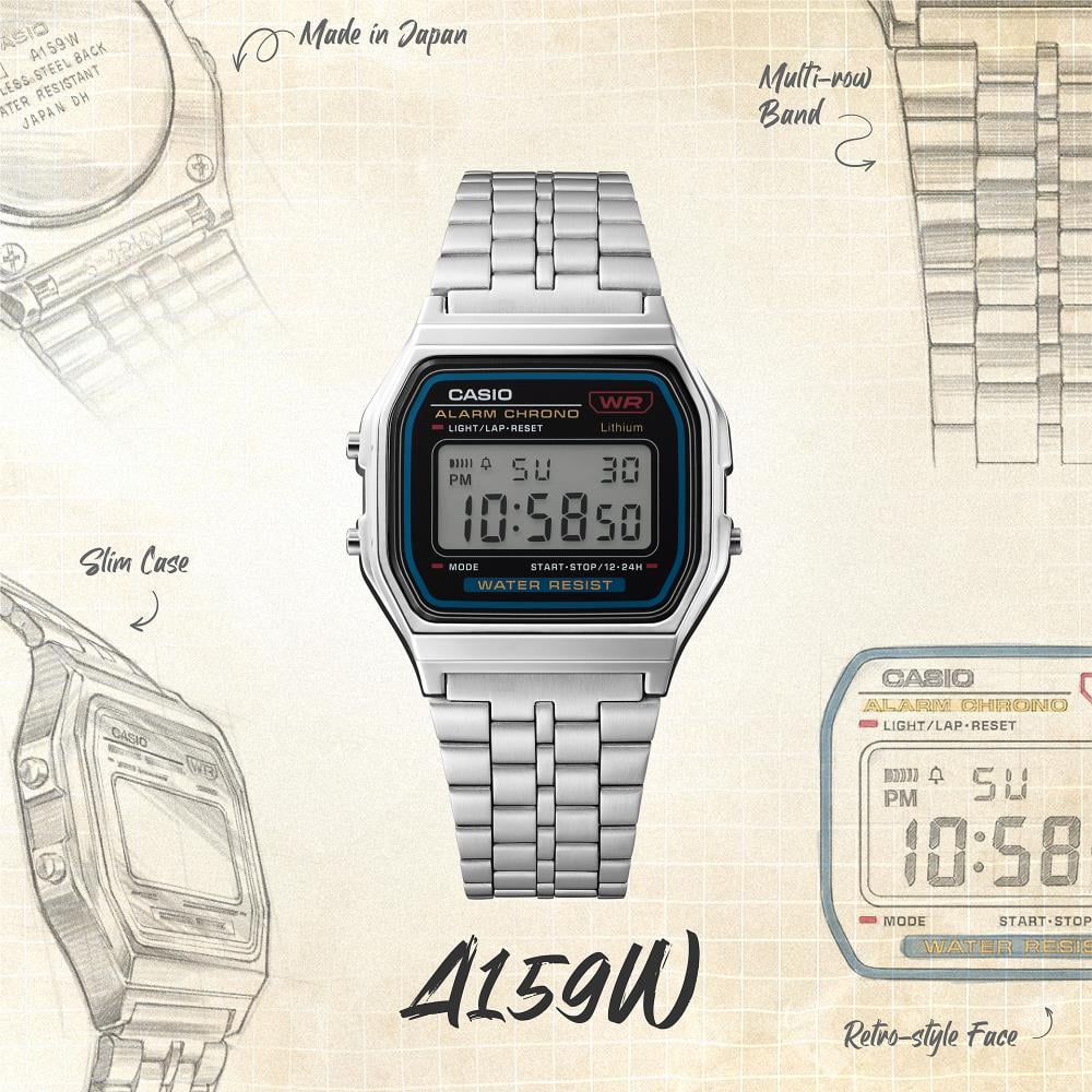 Collection Vintage - A159WE-1EF - Montre Casio – boîtier carré argenté, cadran noir, écran numérique, bracelet en acier inoxydable – vue 2