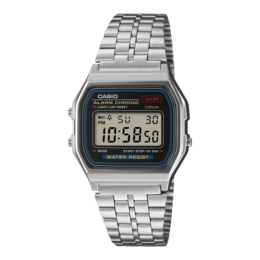 Collection Vintage - A159WE-1EF - Montre Casio – boîtier carré argenté, cadran noir, écran numérique, bracelet en acier inoxydable – vue de face