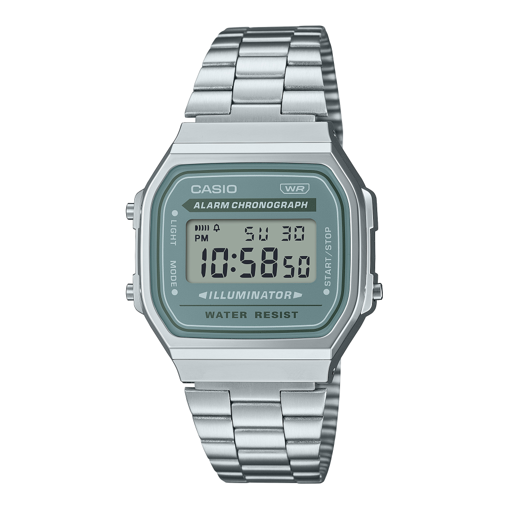 Collection Vintage - A168WA-3AYES - Montre Casio – boîtier carré argenté, affichage numérique vert, bracelet en acier inoxydable – vue de face