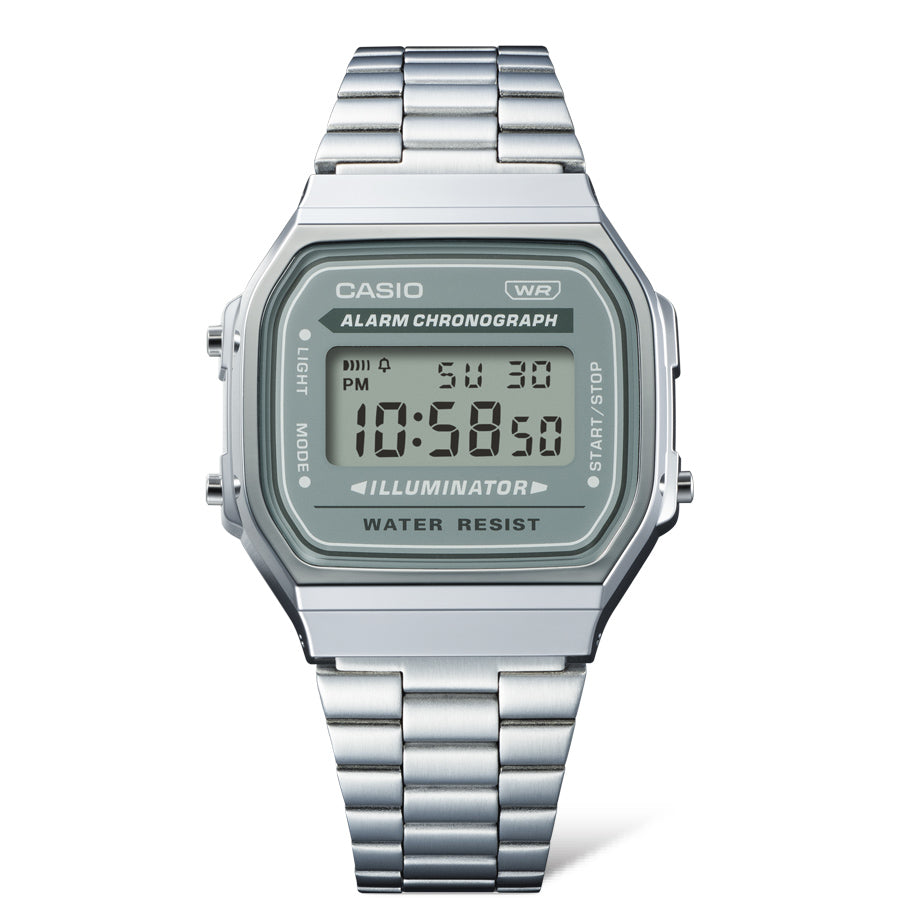 Collection Vintage - A168WA-3AYES - Montre Casio – boîtier carré argenté, affichage numérique vert, bracelet en acier inoxydable – vue 3