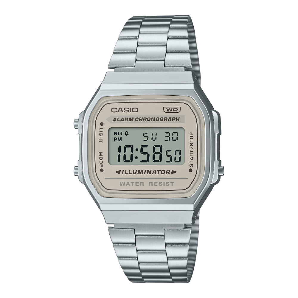 Collection Vintage - A168WA-8AYES - Montre Casio – boîtier carré argenté, cadran gris, écran numérique, bracelet en acier inoxydable – vue de face