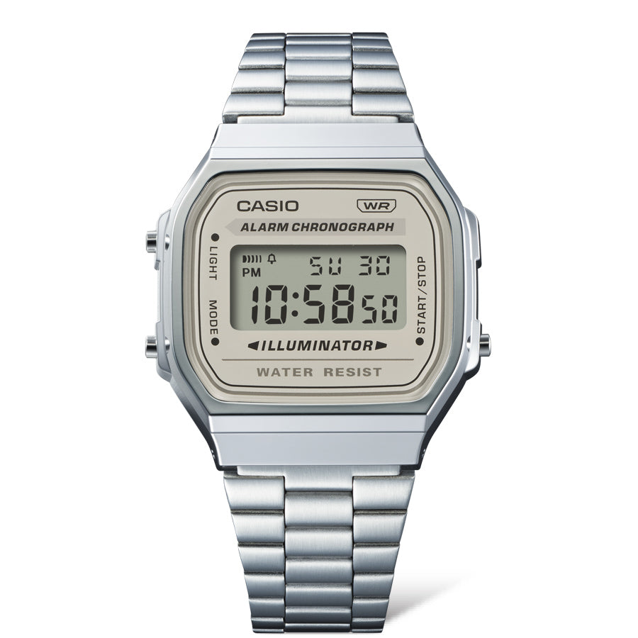 Collection Vintage - A168WA-8AYES - Montre Casio – boîtier carré argenté, cadran gris, écran numérique, bracelet en acier inoxydable – vue 3