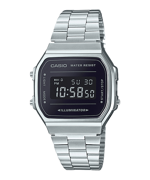 Collection Vintage - A168WEM-1EF - Montre Casio – boîtier argenté chromé, cadran noir à finition miroir, bracelet en acier inoxydable – vue de face