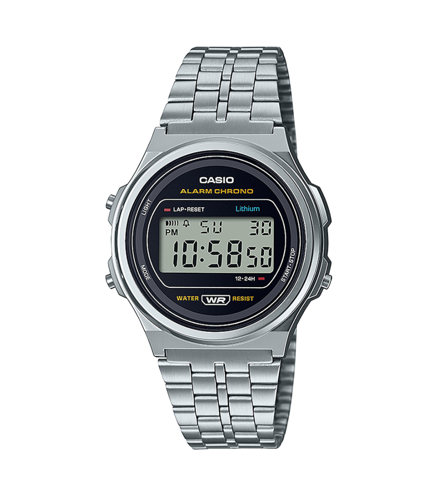 Collection Vintage - A171WE-1AEF - Montre Casio – boîtier rond argenté, cadran noir, écran numérique, bracelet à maillons en acier inoxydable – vue de face
