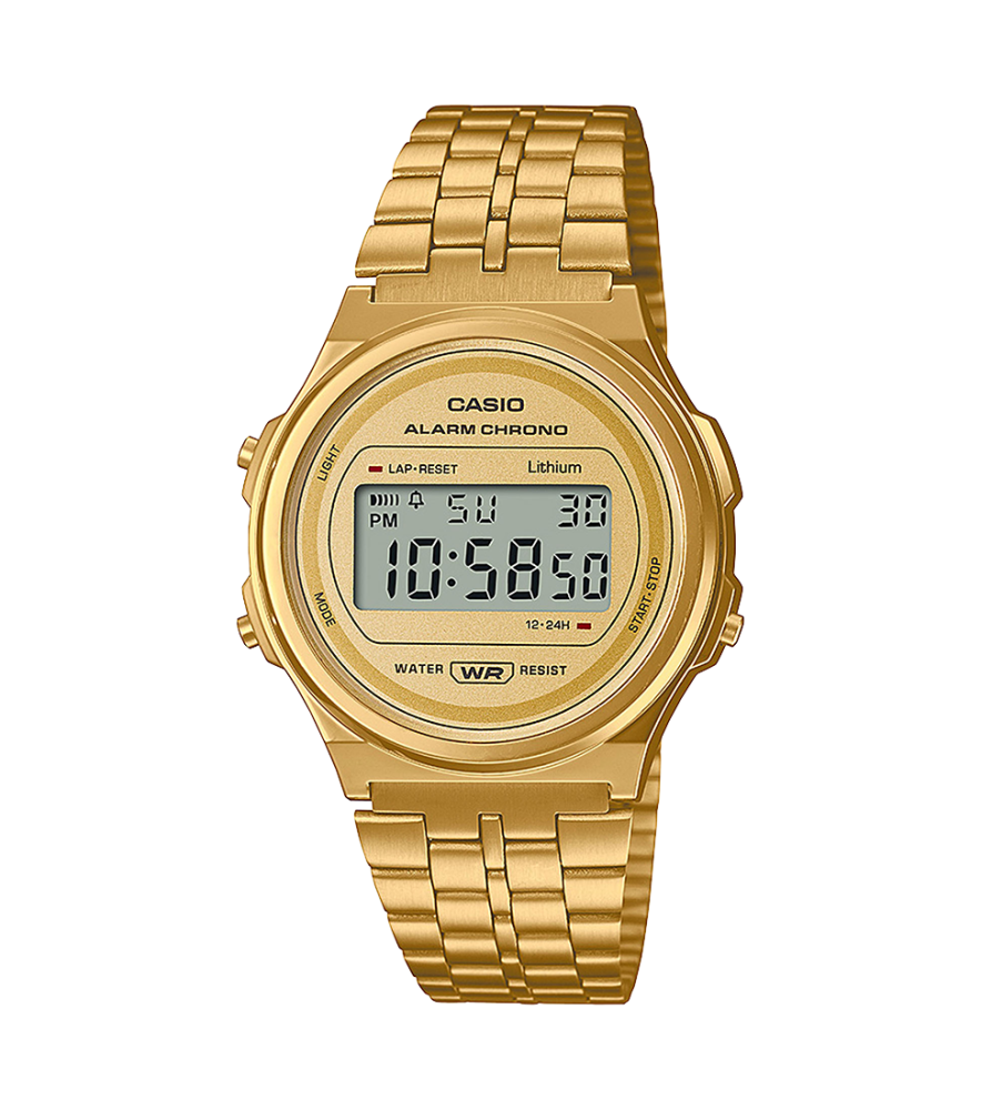 Collection Vintage - A171WEG-9AEF - Montre Casio – boîtier rond doré, écran numérique, bracelet à maillons en acier doré – vue de face