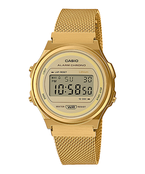 Collection Vintage - A171WEMG-9AEF - Montre Casio – boîtier rond doré, écran numérique, bracelet en maille milanaise acier dorée – vue de face