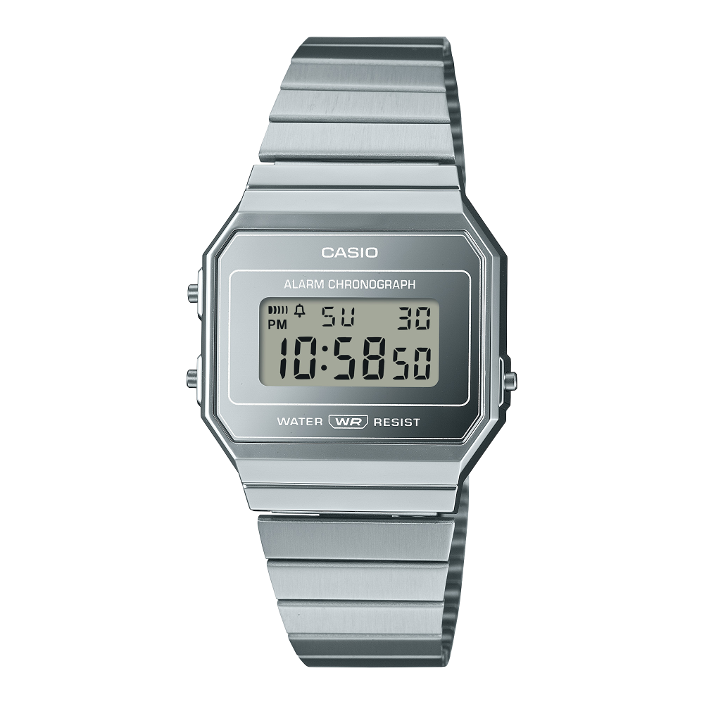 Collection Vintage - A700WEV-7AEF - Montre Casio – boîtier extra-plat argenté chromé, cadran monochrome, bracelet en acier inoxydable – vue de face