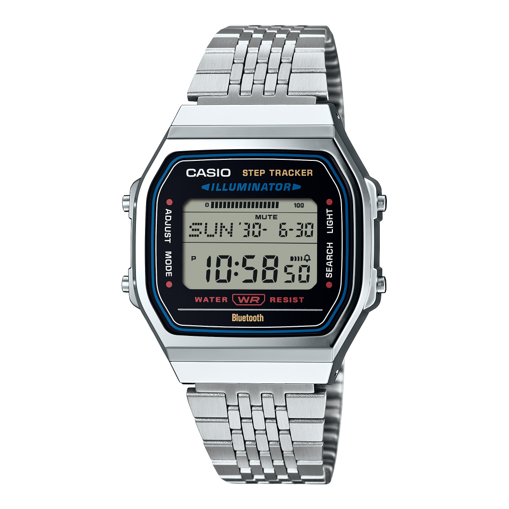Collection Vintage - ABL-100WE-1AEF - Montre Casio – boîtier argenté chromé, écran numérique sur fond noir, bracelet en acier inoxydable à mailles – vue de face
