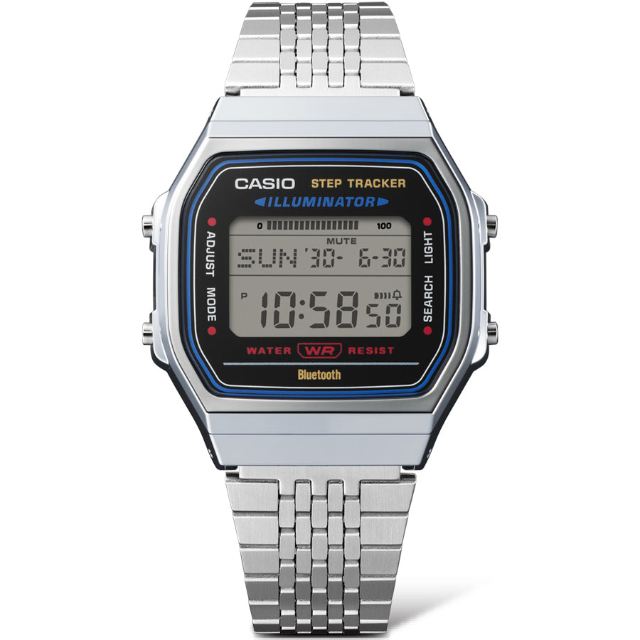 Collection Vintage - ABL-100WE-1AEF - Montre Casio – boîtier argenté chromé, écran numérique sur fond noir, bracelet en acier inoxydable à mailles – vue 7