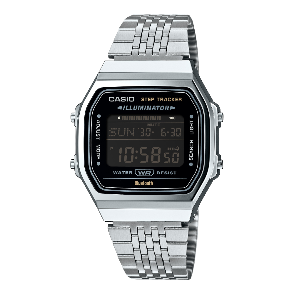 Collection Vintage - ABL-100WE-1BEF - Montre Casio – boîtier argenté en résine chromée, cadran noir, écran numérique, bracelet multi-mailles en acier – vue de face