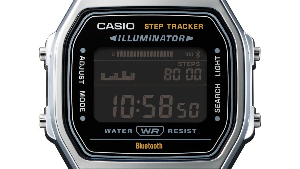 Collection Vintage - ABL-100WE-1BEF - Montre Casio – boîtier argenté en résine chromée, cadran noir, écran numérique, bracelet multi-mailles en acier – vue 5