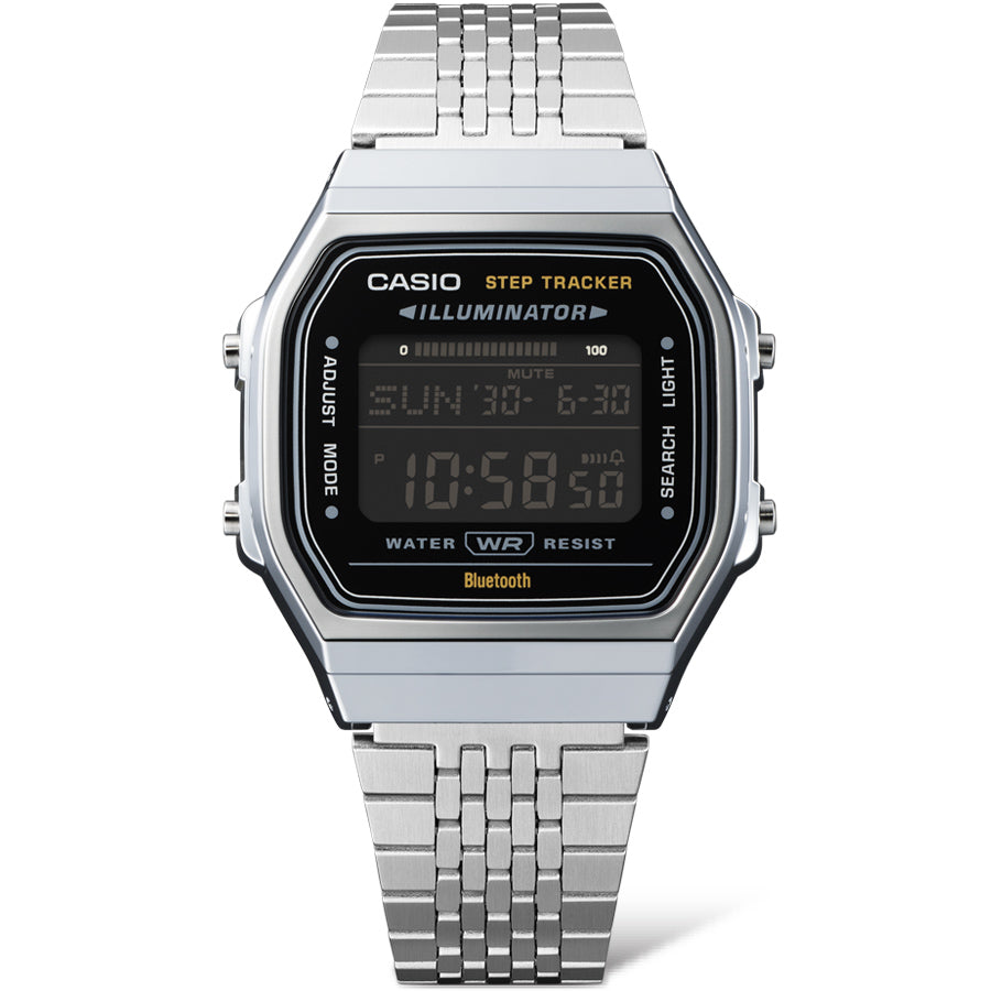 Collection Vintage - ABL-100WE-1BEF - Montre Casio – boîtier argenté en résine chromée, cadran noir, écran numérique, bracelet multi-mailles en acier – vue 6